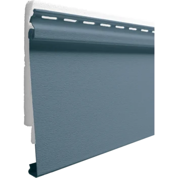 Single piece of blue vinyl siding panel with a textured surface and locking edge.