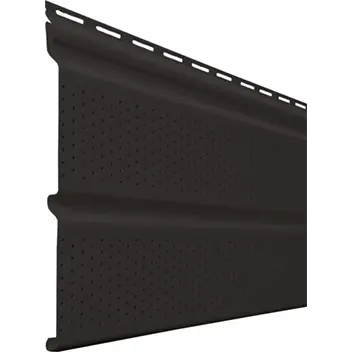 Close-up of a black perforated vinyl siding panel with horizontal grooves.