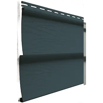 Dark blue vinyl siding panel with wood grain texture and nail slots at the top.
