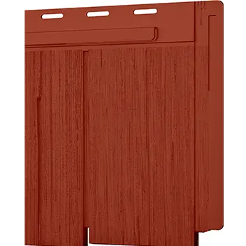 Red vertical wood grain vinyl siding panel with locking edge details.