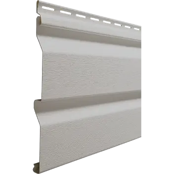 Beige vinyl siding panel with wood grain texture and locking edges.