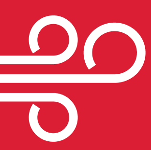 White stylized wind icon with curved lines on a red square background.