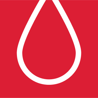 White water droplet outline on a red square background.