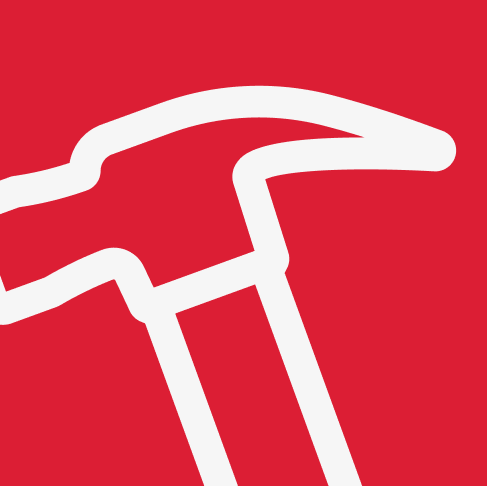 White outline of a hammer on a red background.