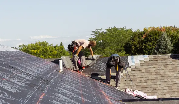 Two workers installing roofing shingles on a sloped roof under clear sky with trees in background.