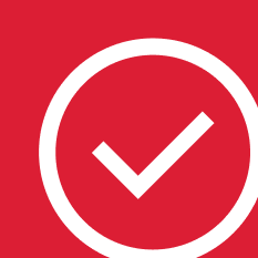 Black check mark inside a black circle on a red background.