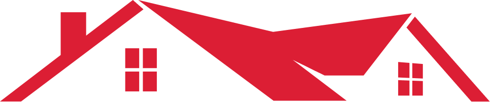 Red stylized rooflines with two windows and a chimney forming a house icon.