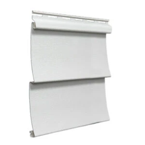 Beige vinyl siding panel with wood grain texture and locking edges.