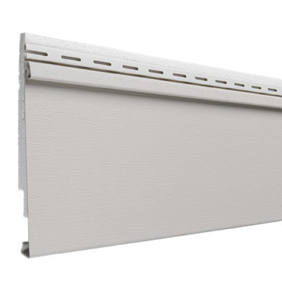 Beige vinyl siding panel with wood grain texture and locking edges.