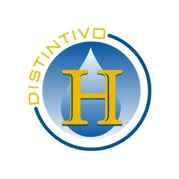 Logo with a large yellow letter H inside a blue water droplet, surrounded by a blue circular border and the word DISTINCTIVO in yellow.