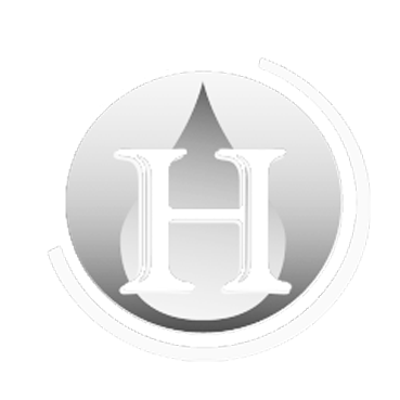 White letter H inside a gray circular emblem with a drop shape in the background.