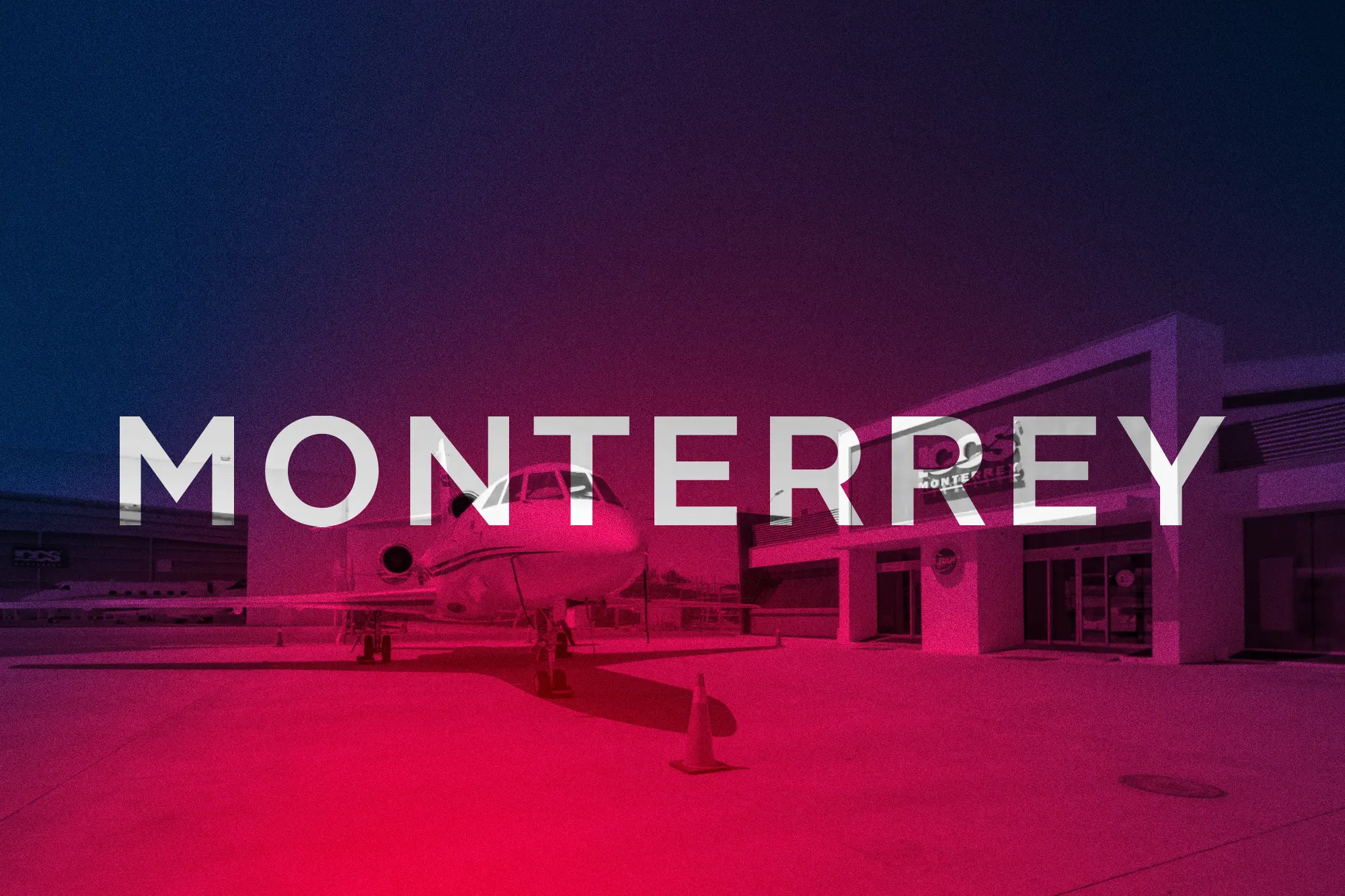 Private jet parked on tarmac in front of a building with the word MONTERREY overlaid.