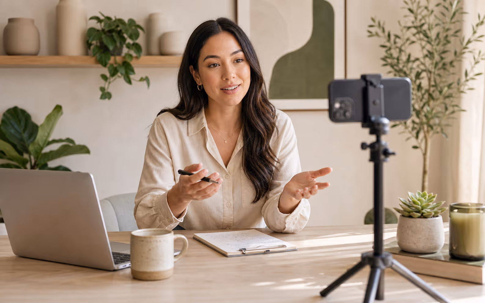 Wellness creator recording calm educational content