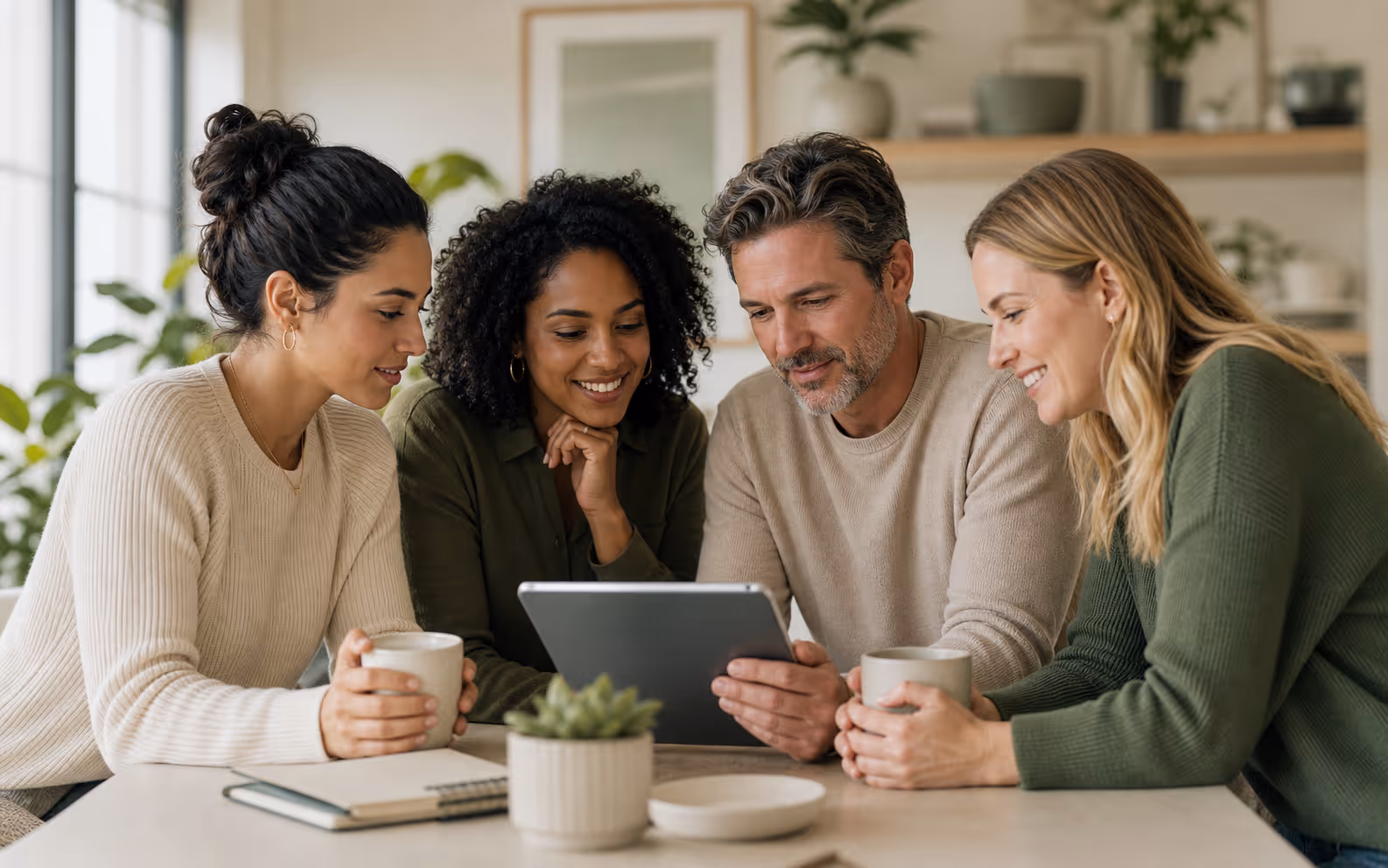 Supportive wellness community looking at a tablet together