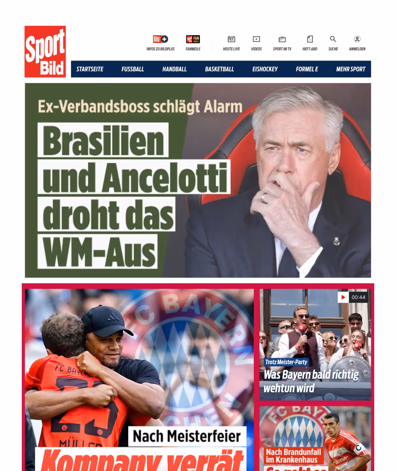 Ein Bildschirmfoto der Sportbild mit der Headline: Brasilien und Ancelotti droht das WM-Aus.