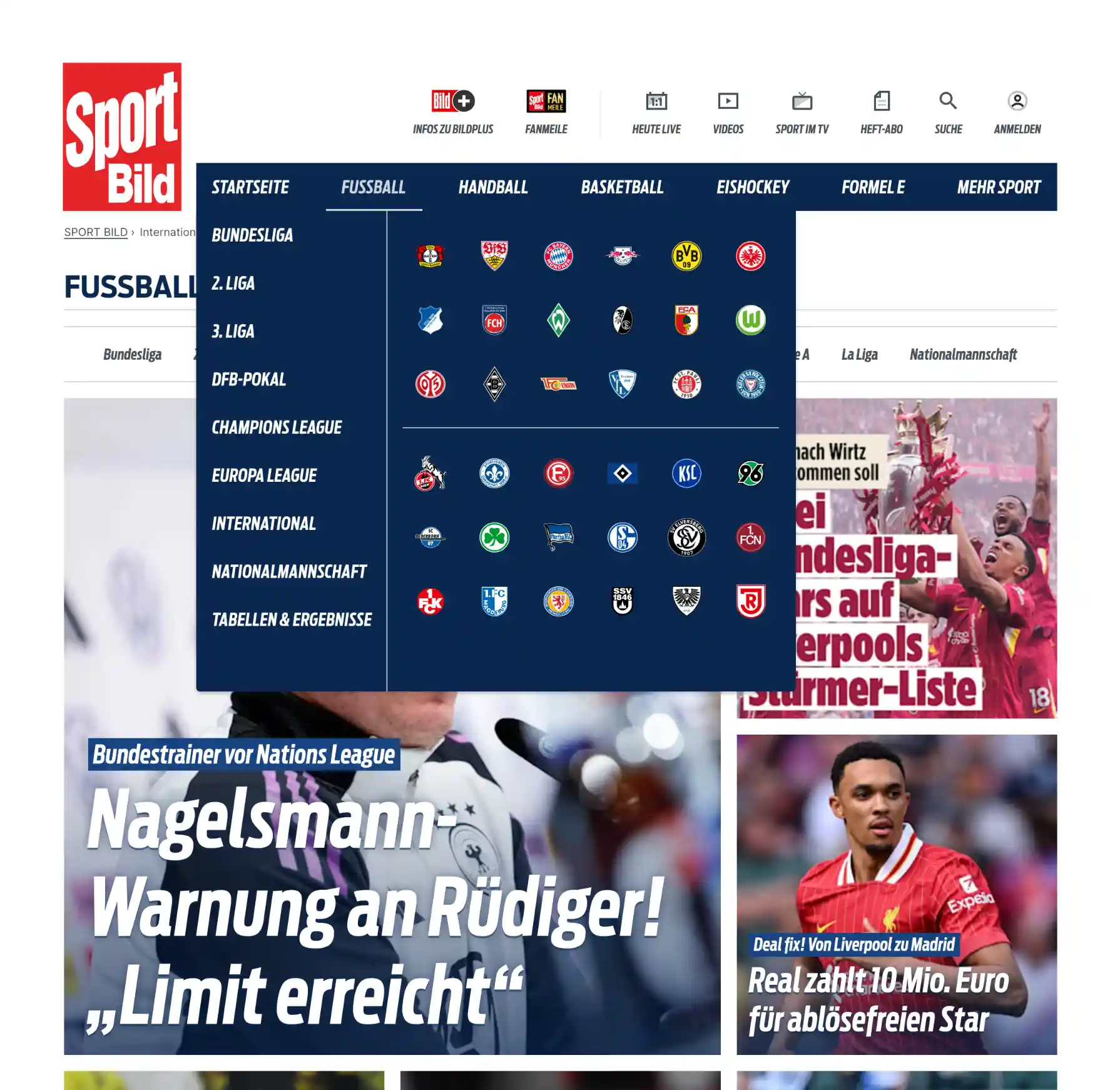 Ein Bildschirmfoto der Sportbild mit der Headline: Nagelsmann-Warnung an Rüdiger! Limit erreicht.