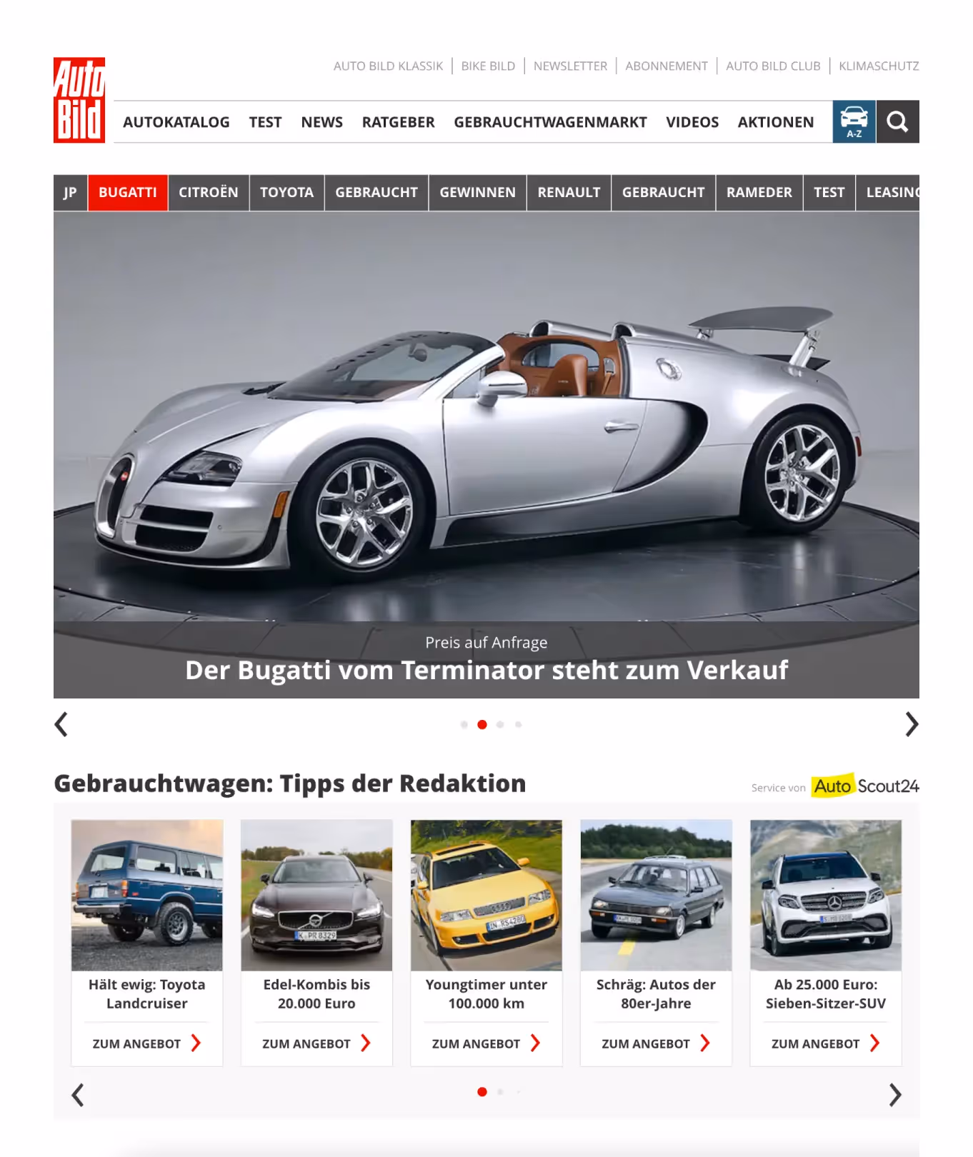 Ein Bildschirmfoto der Auto Bild-Website mit der Headline: Der Bugatti vom Terminator steht zum Verkauf.
