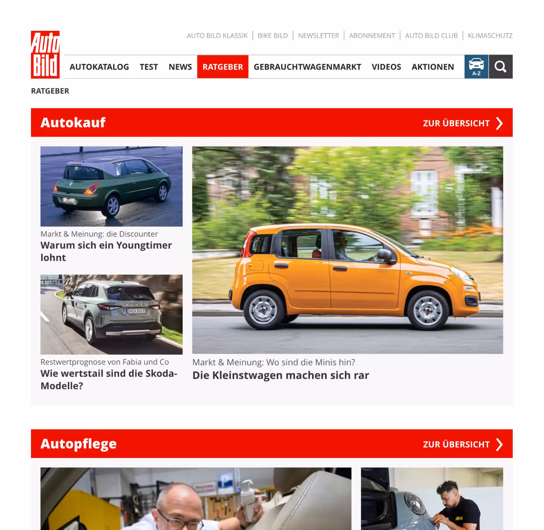 Ein Bildschirmfoto der Auto Bild-Website mit mehreren Storys.