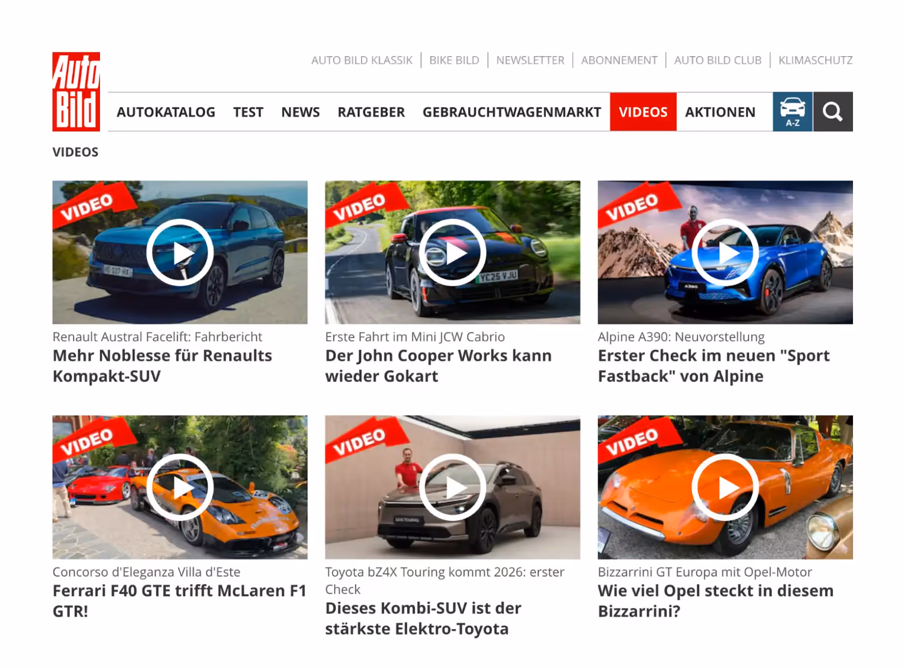 Ein Bildschirmfoto der Auto Bild-Website mit mehreren Storys.