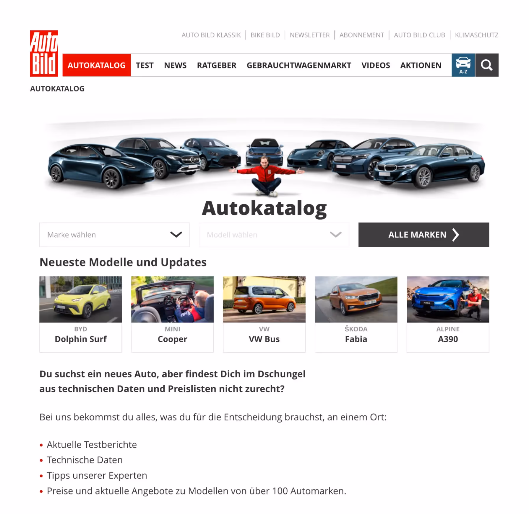 Ein Bildschirmfoto der Auto Bild-Website aus der Rubrik Autokatalog.