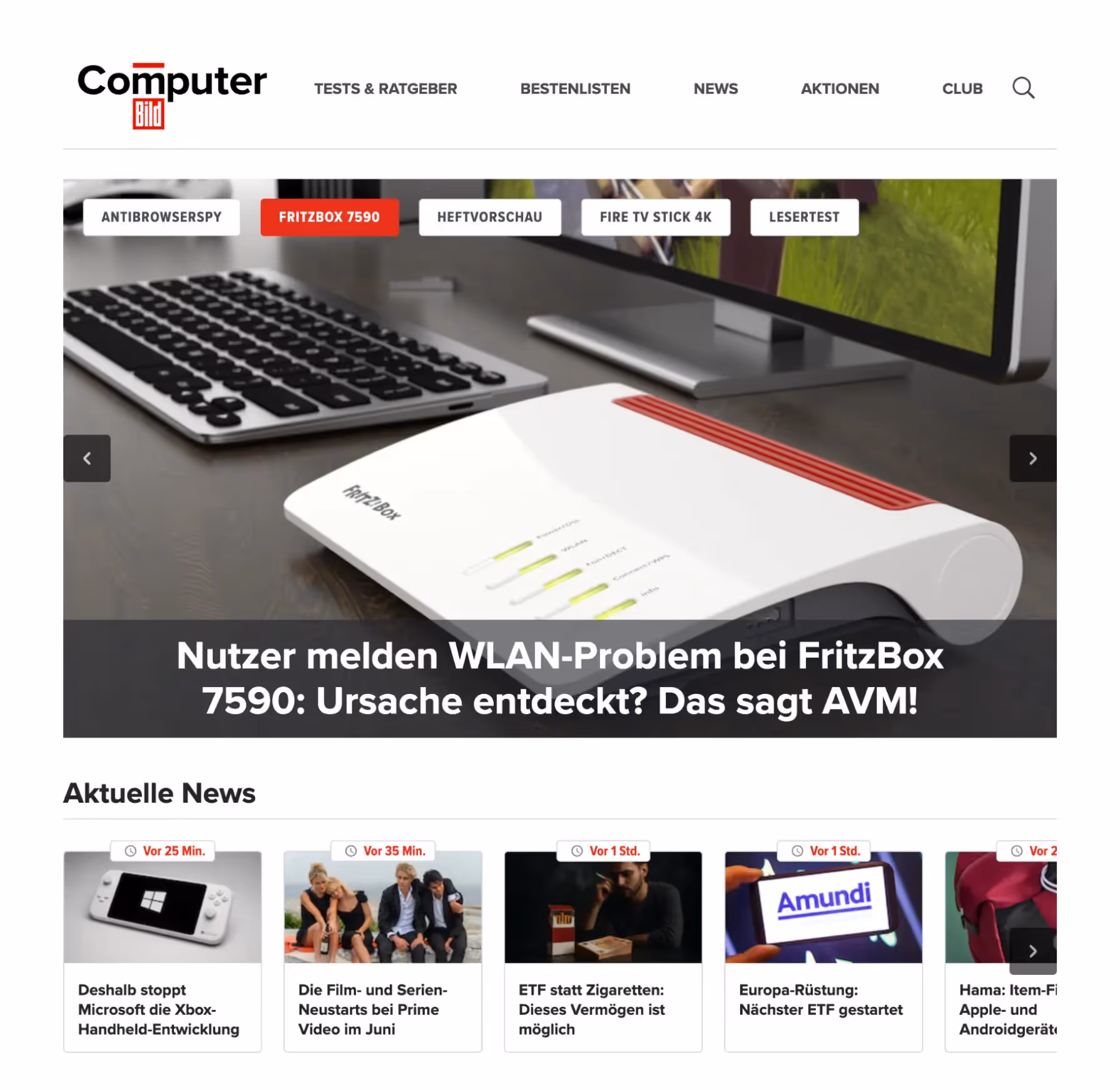 Ein Bildschirmfoto der Computer Bild-Website mit der Headline: Nutzer melden WLAN-Problem bei FritzBox 7590: Ursache entdeckt? Das sagt AVM!