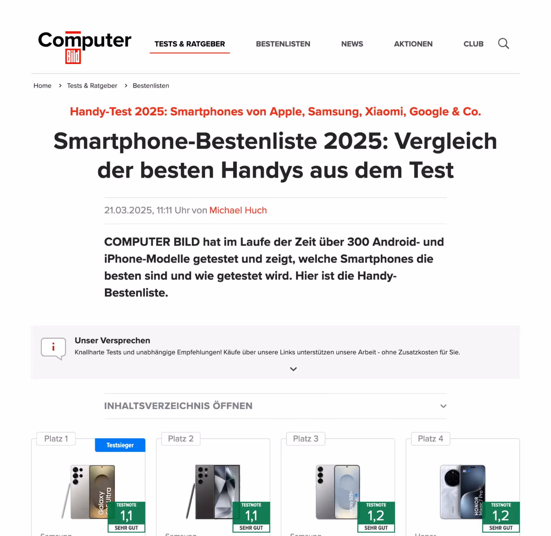Ein Bildschirmfoto der Computer Bild-Website mit der Headline: Smartphone-Bestenliste 2025: Vergleich der besten Handys aus dem Test.