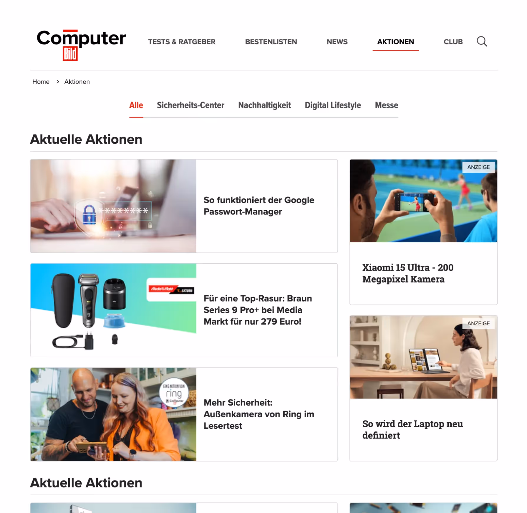 Ein Bildschirmfoto der Computer Bild-Website mit mehreren Storys.