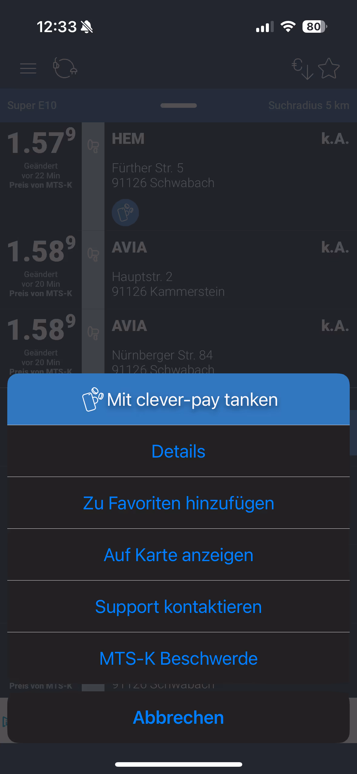 Ein Screenshot eines Handys von der App von clever.tanken.de.