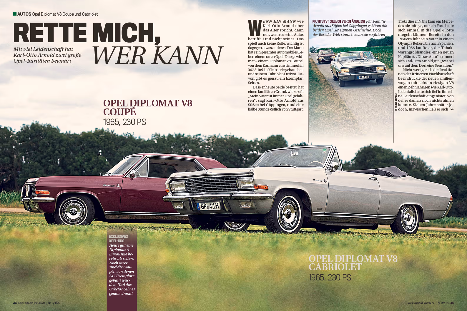 Eine Doppelseite des Auto Bild Klassik-Magazins mit der Headline: Rette mich, wer kann!