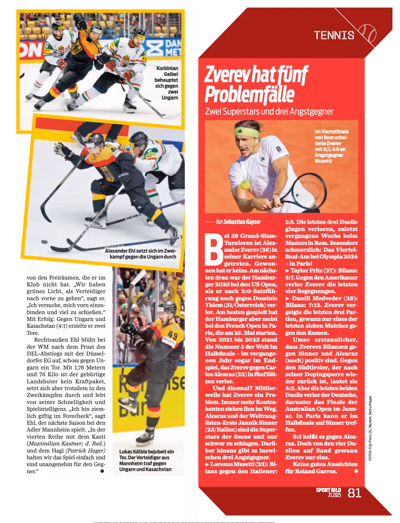 Ein Blick in das Sport Bild-Magazin über den Bereich Eishockey und Tennis.