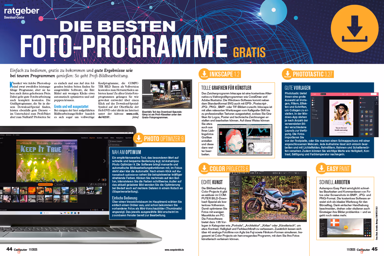 Eine Doppelseite des Computer Bild-Magazins mit dem Titel: Die besten Foto-Programme.