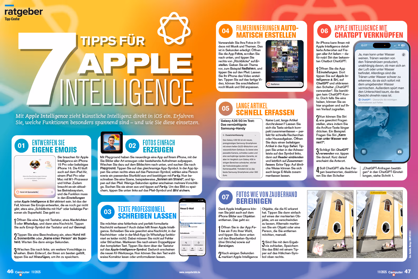 Eine Doppelseite des Computer Bild-Magazins mit dem Titel: 7 Tipps für Apple Intelligence.