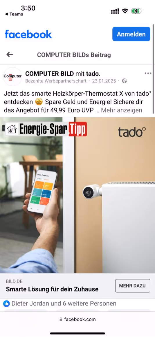 Screenshot von einer Computer Bild und tado-Anzeige auf Facebook. Titel der Anzeige: Smarte Lösungen für dein Zuhause.