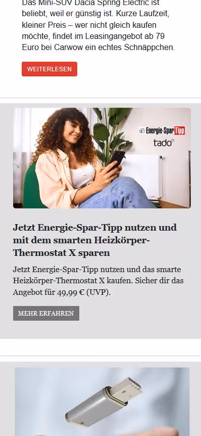 Ein Handy-Screenshot, auf dem eine Tado-Anzeige in eine Website eingebunden ist.