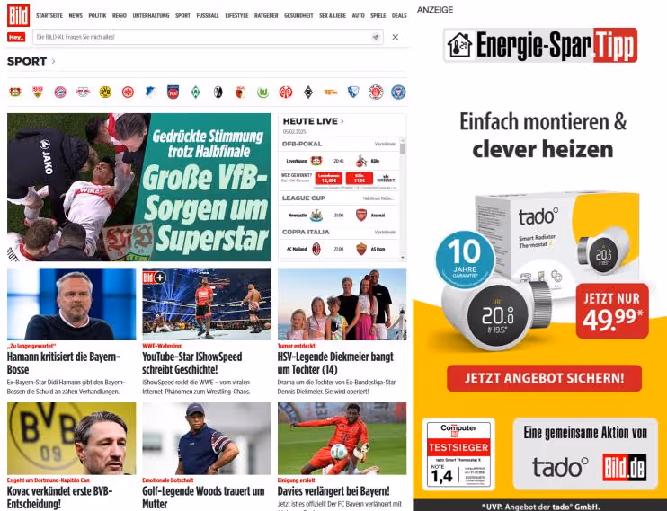 Screenshot der Bild-Webseite mit mehreren Storys, rechts im Bild ist die tado-Anzeige zum Thema: Einfach montieren und clever heizen zu sehen.