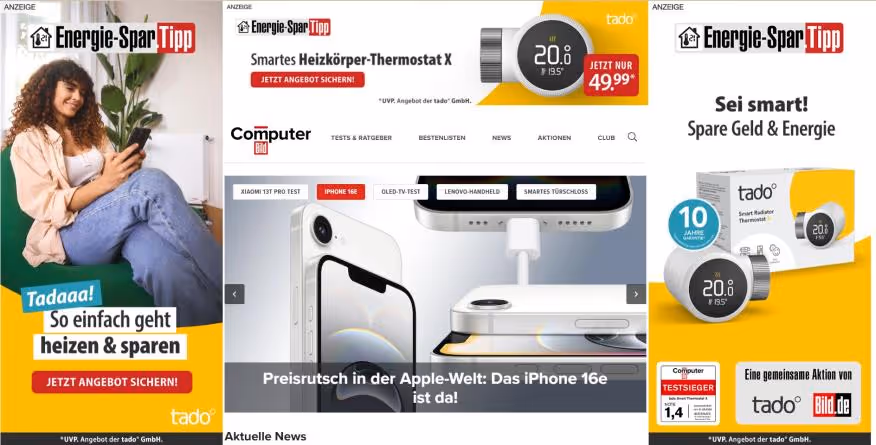 Screenshot von drei Anzeigen der Marle tado zum Thema: Energie Spar Tipp.