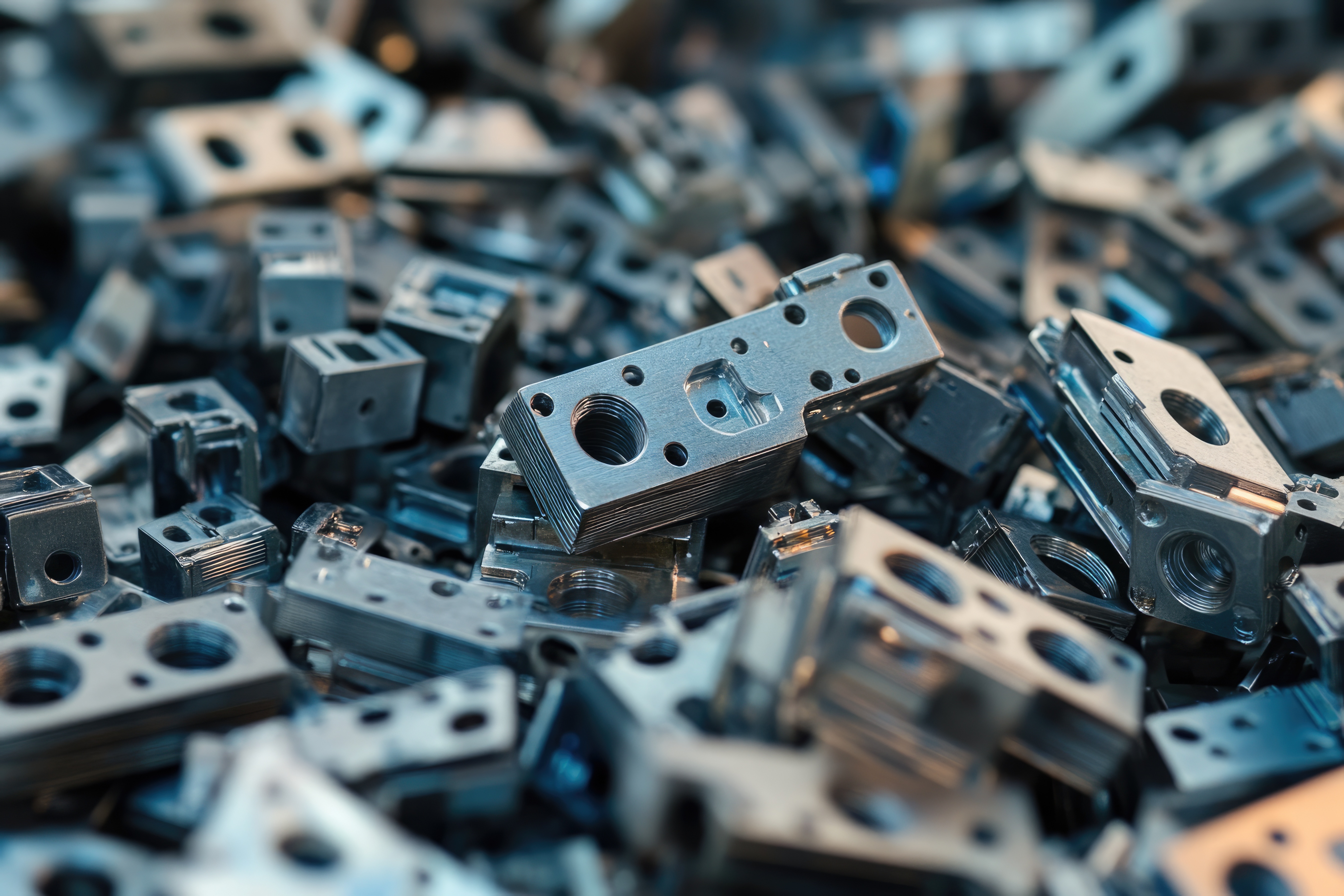 Pile of miscellaneous silver parts, mostly rectangular, with holes of various sizes drilled in them