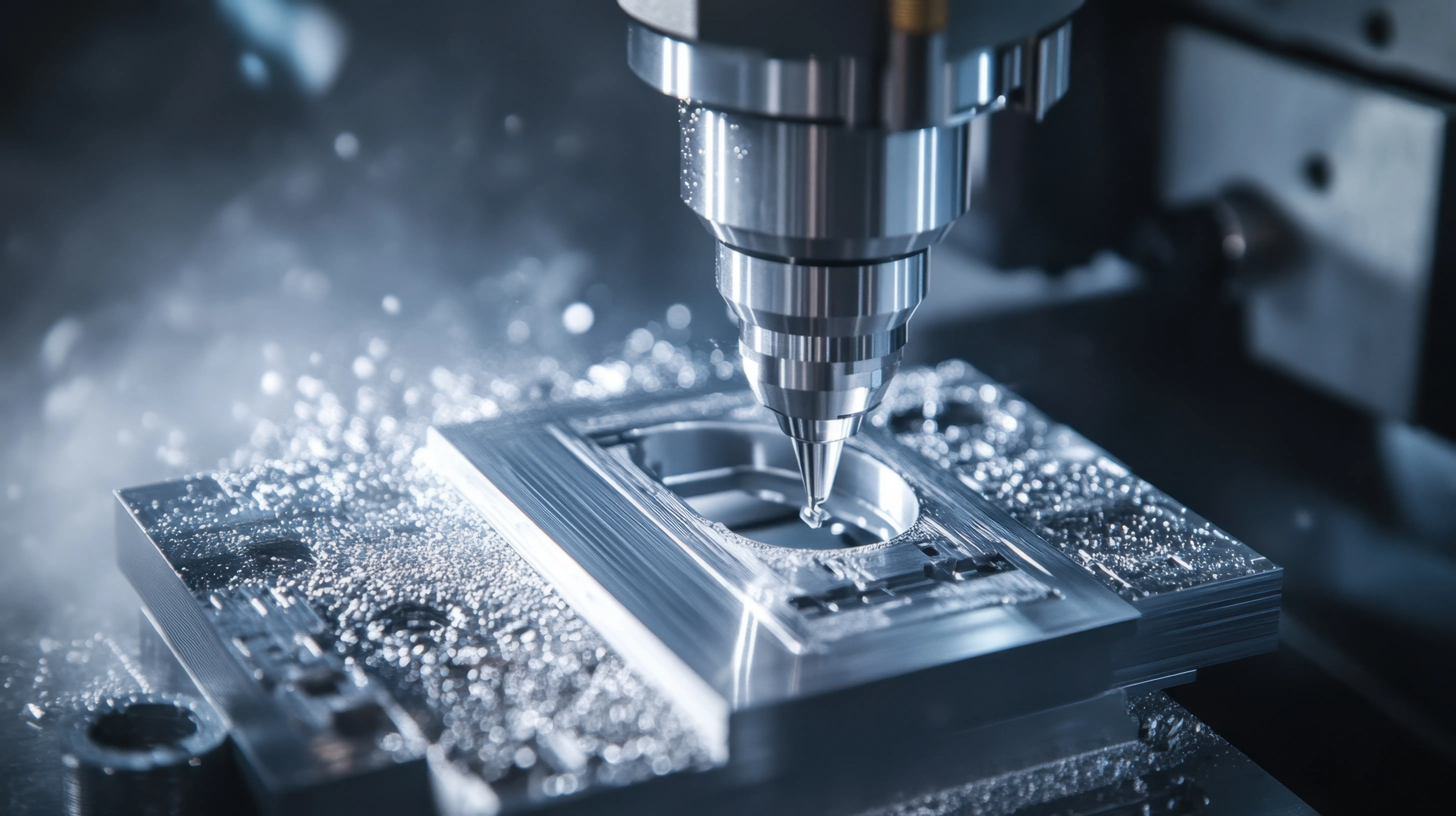 CNC milling cutter machining a metal part as metal chips fly.