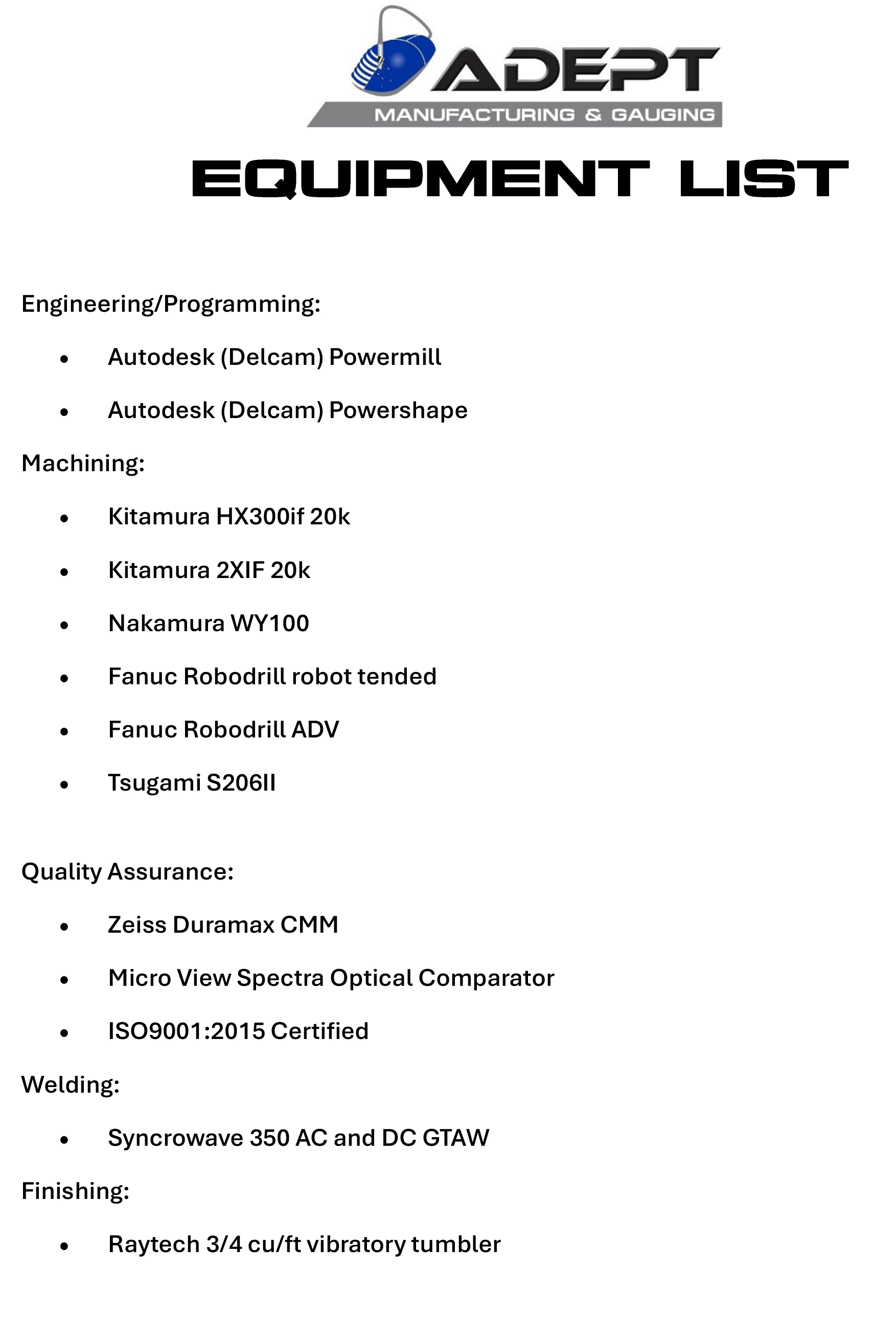 List of all the equipment in  our shop