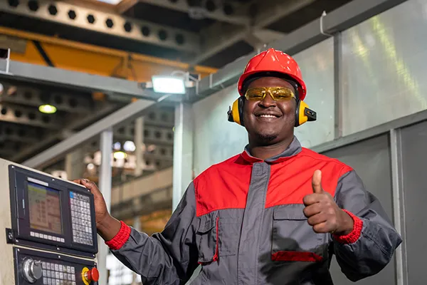 Man in red and brown jacket giving a thumbs up and smilingb with his hand on a CNC console