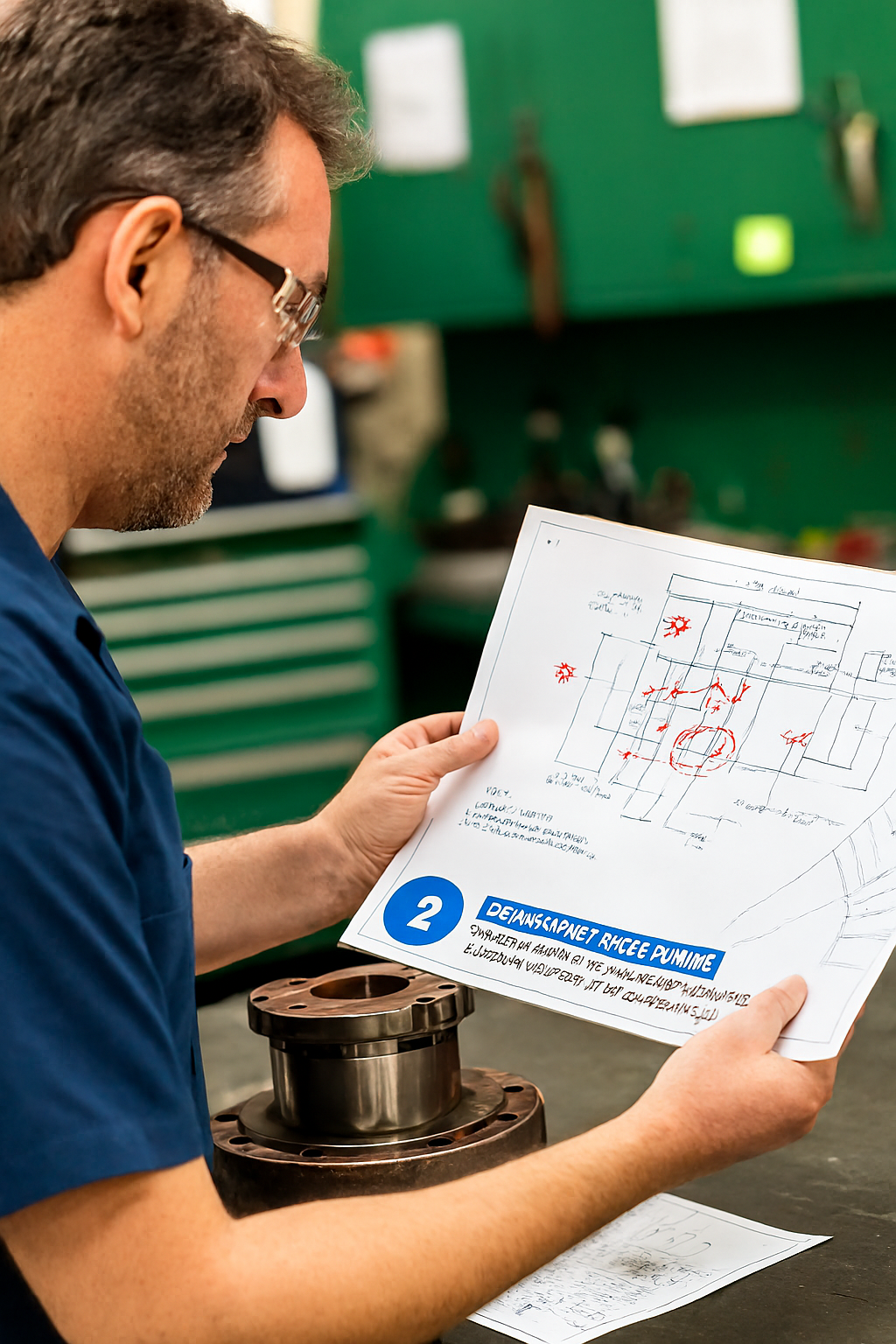 Man looking at a schematic print with lots of redmarks on it indicating changes