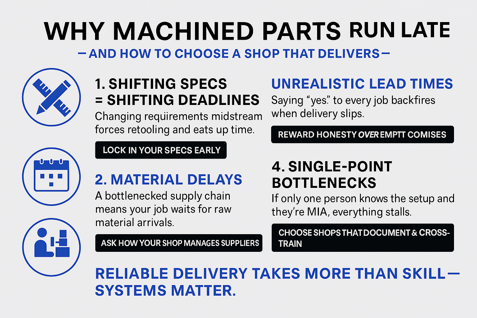 Infographic showing the top 4 reasons machined parts are late.