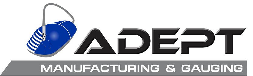 Adept Manufacturing & Gauging logo with a blue and white stylized gauge graphic to the left of the word Adept, and the tagline Manufacturing & Gauging below in white text on a gray background.