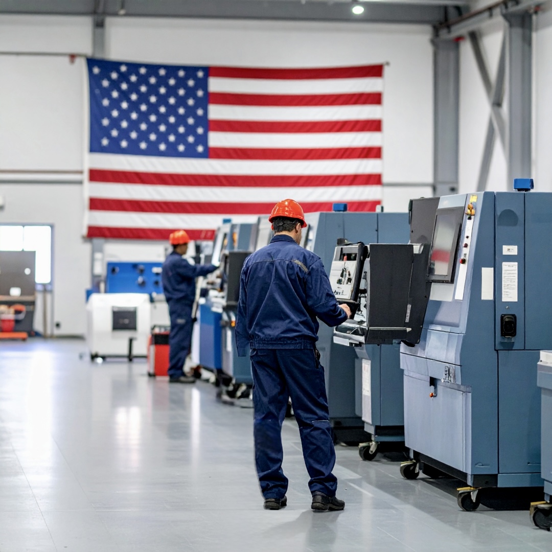 A CNC machine shop floor with teo technicians working on machines and an American flag on the wall.
