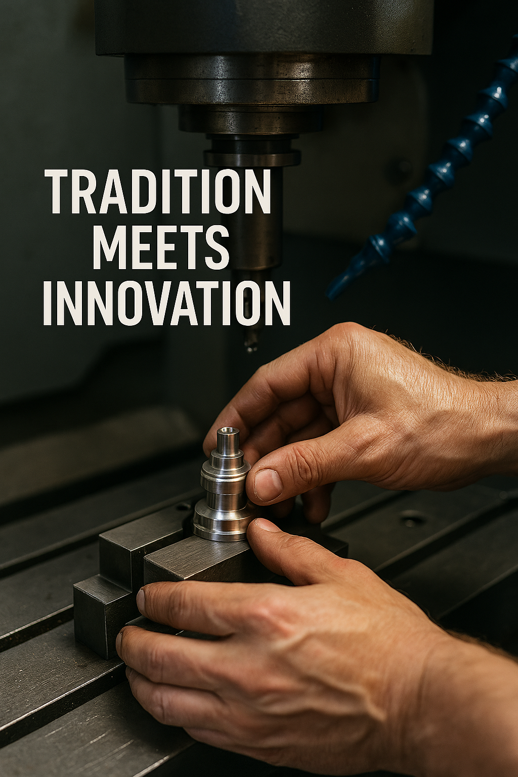 Hands holding a piece on a CNC machine with the words "Tradition Meets Innvation" overlaid