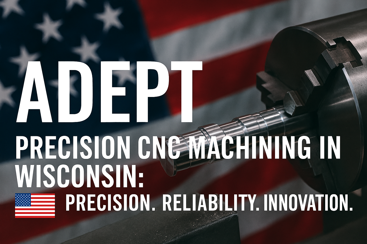 CNC machining tool with an American flag background and text highlighting precision CNC machining in Wisconsin emphasizing precision, reliability, and innovation.