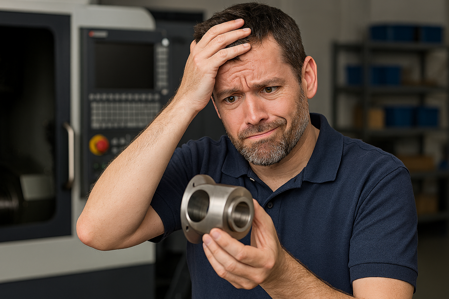 A man looking at a part, frustrated expression