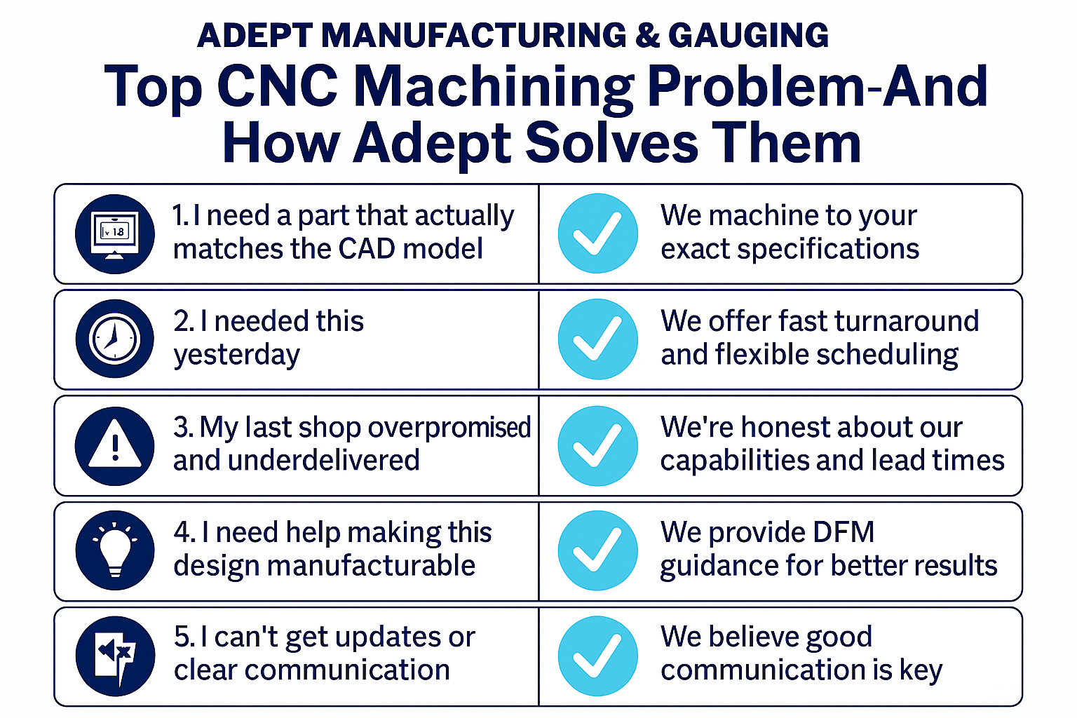 Graphic showing 5 customer problems and how Adept solves them.