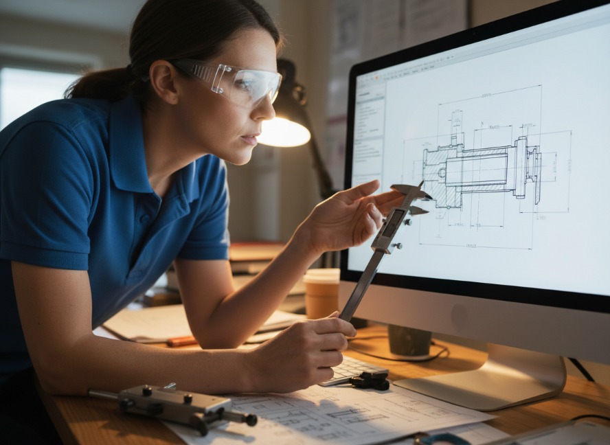 Woman wearing safety glasses using caliper to measure an object while reviewing a technical drawing on a computer screen.