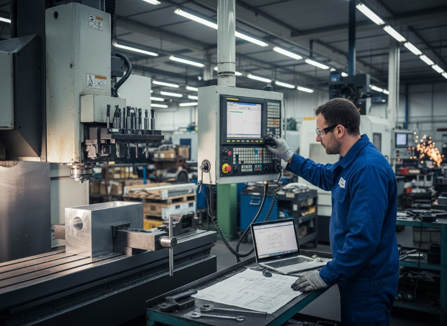 Male factory worker in blue uniform operating CNC machine with control panel and technical blueprints on table in industrial workshop.